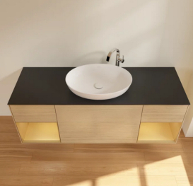 Тумба под раковину Villeroy & Boch Finion 160х50,1 см с подсветкой МДФ шпон дуба/стекло черное матовое F982HFPC