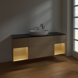 Тумба под раковину Villeroy & Boch Finion 160х50,1 см с подсветкой МДФ шпон дуба/стекло черное матовое F982HFPC