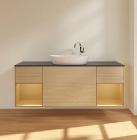 Тумба под раковину Villeroy & Boch Finion 160х50,1 см с подсветкой МДФ шпон дуба/стекло черное матовое F982HFPC