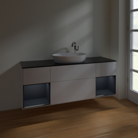 Тумба под раковину Villeroy & Boch Finion 160х50,1 см с подсветкой МДФ глянцевый белый лак/стекло черное матовое F982HGGF