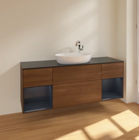 Тумба под раковину Villeroy & Boch Finion 160х50,1 см с подсветкой МДФ шпон грецкого ореха/стекло черное матовое F982HGGN