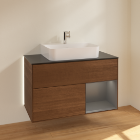 Тумба под раковину Villeroy & Boch Finion 100х50,1 см с подсветкой МДФ шпон грецкого ореха/антрацитовый матовый лак/стекло черное матовое G122GKGN