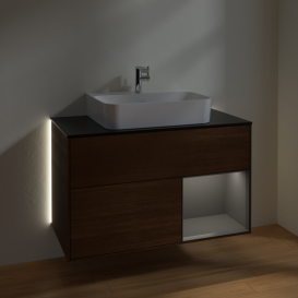 Тумба под раковину Villeroy & Boch Finion 100х50,1 см с подсветкой МДФ шпон грецкого ореха/антрацитовый матовый лак/стекло черное матовое G122GKGN