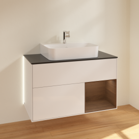 Тумба под раковину Villeroy & Boch Finion 100х50,1 см с подсветкой МДФ белый глянцевый лак/шпон грецкого ореха/стекло черное матовое G122GNGF