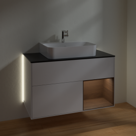 Тумба под раковину Villeroy & Boch Finion 100х50,1 см с подсветкой МДФ белый глянцевый лак/шпон грецкого ореха/стекло черное матовое G122GNGF