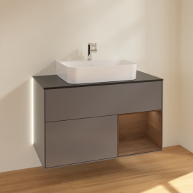 Тумба под раковину Villeroy & Boch Finion 100х50,1 см с подсветкой МДФ антрацитовый матовый лак/шпон грецкого ореха/стекло черное матовое G122GNGK