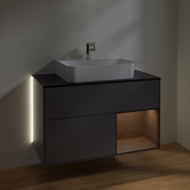 Тумба под раковину Villeroy & Boch Finion 100х50,1 см с подсветкой МДФ антрацитовый матовый лак/шпон грецкого ореха/стекло черное матовое G122GNGK