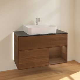 Тумба под раковину Villeroy & Boch Finion 100х50,1 см с подсветкой МДФ шпон грецкого ореха/шпон грецкого ореха/стекло черное матовое G122GNGN