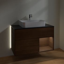 Тумба под раковину Villeroy & Boch Finion 100х50,1 см с подсветкой МДФ шпон грецкого ореха/шпон грецкого ореха/стекло черное матовое G122GNGN