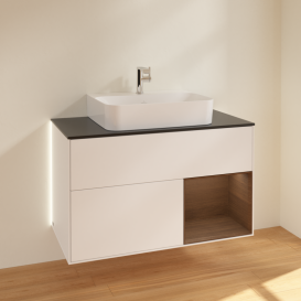 Тумба под раковину Villeroy & Boch Finion 100х50,1 см с подсветкой МДФ белый матовый лак/шпон грецкого ореха/стекло черное матовое G122GNMT