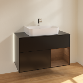 Тумба под раковину Villeroy & Boch Finion 100х50,1 см с подсветкой МДФ черный матовый лак/шпон грецкого ореха/стекло черное матовое G122GNPD