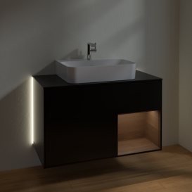 Тумба под раковину Villeroy & Boch Finion 100х50,1 см с подсветкой МДФ черный матовый лак/шпон грецкого ореха/стекло черное матовое G122GNPD