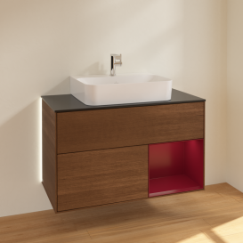 Тумба під раковину Villeroy & Boch Finion 100х50,1 см з підсвічуванням МДФ шпон волоського горіха/півонія матовий лак/скло чорне матове G122HBGN