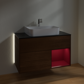 Тумба під раковину Villeroy & Boch Finion 100х50,1 см з підсвічуванням МДФ шпон волоського горіха/півонія матовий лак/скло чорне матове G122HBGN