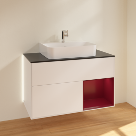 Тумба под раковину Villeroy & Boch Finion 100х50,1 см с подсветкой МДФ белый матовый лак/пион матовый лак/стекло черное матовое G122HBMT