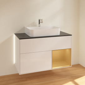 Тумба под раковину Villeroy & Boch Finion 100х50,1 см с подсветкой МДФ белый глянцевый лак/золотисто-матовый лак/стекло черное матовое G122HFGF