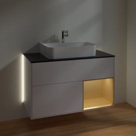 Тумба под раковину Villeroy & Boch Finion 100х50,1 см с подсветкой МДФ белый глянцевый лак/золотисто-матовый лак/стекло черное матовое G122HFGF