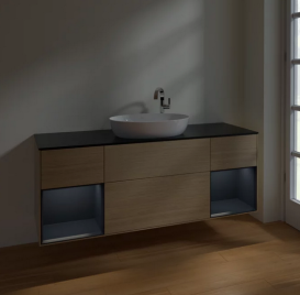 Тумба під раковину Villeroy & Boch Finion 160х50,1 см із підсвічуванням МДФ шпон дуба/скло чорне матове F982HGPC