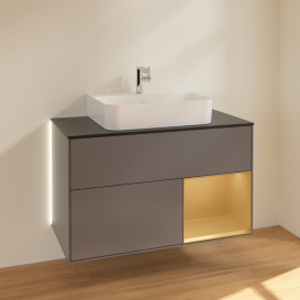 Тумба под раковину Villeroy & Boch Finion 100х50,1 см с подсветкой МДФ антрацитовый матовый лак/золотисто-матовый лак/стекло черное матовое G122HFGK