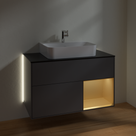 Тумба под раковину Villeroy & Boch Finion 100х50,1 см с подсветкой МДФ антрацитовый матовый лак/золотисто-матовый лак/стекло черное матовое G122HFGK
