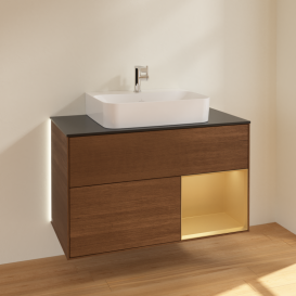 Тумба под раковину Villeroy & Boch Finion 100х50,1 см с подсветкой МДФ шпон грецкого ореха/золотисто-матовый лак/стекло черное матовое G122HFGN