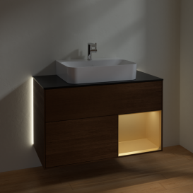 Тумба под раковину Villeroy & Boch Finion 100х50,1 см с подсветкой МДФ шпон грецкого ореха/золотисто-матовый лак/стекло черное матовое G122HFGN