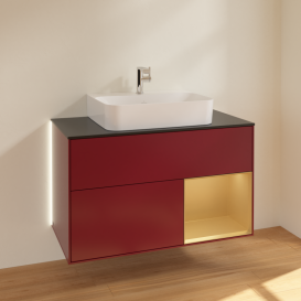 Тумба под раковину Villeroy & Boch Finion 100х50,1 см с подсветкой МДФ пион матовый лак/золотисто-матовый лак/стекло черное матовое G122HFHB