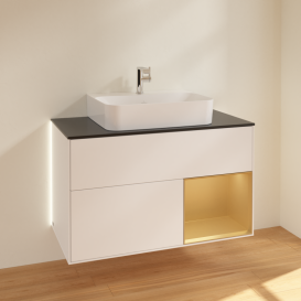 Тумба под раковину Villeroy & Boch Finion 100х50,1 см с подсветкой МДФ белый матовый лак/золотисто-матовый лак/стекло черное матовое G122HFMT