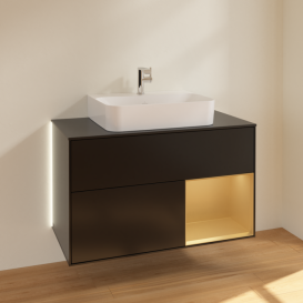Тумба под раковину Villeroy & Boch Finion 100х50,1 см с подсветкой МДФ черный матовый лак/золотисто-матовый лак/стекло черное матовое G122HFPD