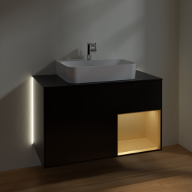 Тумба под раковину Villeroy & Boch Finion 100х50,1 см с подсветкой МДФ черный матовый лак/золотисто-матовый лак/стекло черное матовое G122HFPD