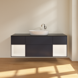 Тумба под раковину Villeroy & Boch Finion 160х50,1 см с подсветкой МДФ темно-синий матовый лак/стекло черное матовое F982MTHG