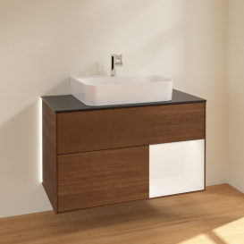 Тумба под раковину Villeroy & Boch Finion 100х50,1 см с подсветкой МДФ шпон грецкого ореха/белый матовый лак/стекло черное матовое G122MTGN