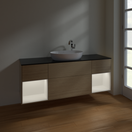 Тумба под раковину Villeroy & Boch Finion 160х50,1 см с подсветкой МДФ шпон дуба/стекло черное матовое F982MTPC