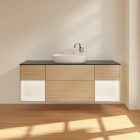 Тумба под раковину Villeroy & Boch Finion 160х50,1 см с подсветкой МДФ шпон дуба/стекло черное матовое F982MTPC