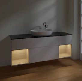 Тумба под раковину Villeroy & Boch Finion 160х50,1 см с подсветкой МДФ глянцевый белый лак/стекло черное матовое F982PCGF