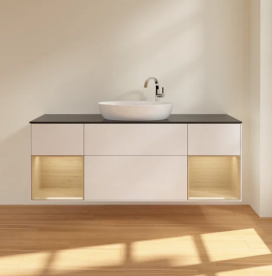 Тумба под раковину Villeroy & Boch Finion 160х50,1 см с подсветкой МДФ глянцевый белый лак/стекло черное матовое F982PCGF