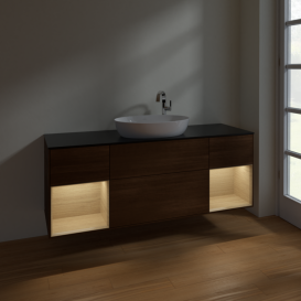 Тумба под раковину Villeroy & Boch Finion 160х50,1 см с подсветкой МДФ шпон грецкого ореха/стекло черное матовое F982PCGN