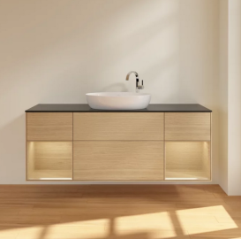 Тумба под раковину Villeroy & Boch Finion 160х50,1 см с подсветкой МДФ шпон дуба/стекло черное матовое F982PCPC