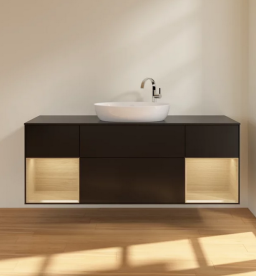 Тумба под раковину Villeroy & Boch Finion 160х50,1 см с подсветкой МДФ черный матовый лак/стекло черное матовое F982PCPD