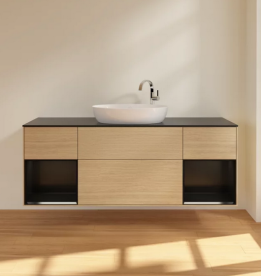 Тумба под раковину Villeroy & Boch Finion 160х50,1 см с подсветкой МДФ шпон дуба/стекло черное матовое F982PDPC