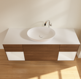 Тумба под раковину Villeroy & Boch Finion 160х50,1 см с подсветкой МДФ шпон грецкого ореха/стекло белое матовое G981GFGN