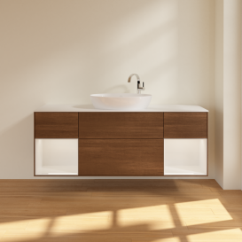 Тумба под раковину Villeroy & Boch Finion 160х50,1 см с подсветкой МДФ шпон грецкого ореха/стекло белое матовое G981GFGN