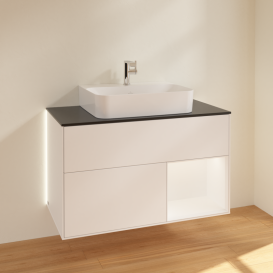 Тумба під раковину Villeroy & Boch Finion 100х50,1 см з підсвічуванням МДФ білий матовий лак/білий матовий лак/скло чорне матове G122MTMT