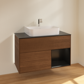 Тумба под раковину Villeroy & Boch Finion 100х50,1 см с подсветкой МДФ шпон грецкого ореха/черный матовый лак/стекло черное матовое G122PDGN
