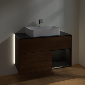 Тумба под раковину Villeroy & Boch Finion 100х50,1 см с подсветкой МДФ шпон грецкого ореха/черный матовый лак/стекло черное матовое G122PDGN