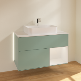 Тумба под раковину Villeroy & Boch Finion 100х50,1 см с подсветкой МДФ оливковый матовый лак/белый глянцевый лак/стекло белое матовое G121GFGM