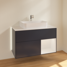 Тумба под раковину Villeroy & Boch Finion 100х50,1 см с подсветкой МДФ темно-синий матовый лак/белый глянцевый лак/стекло белое матовое G121GFHG
