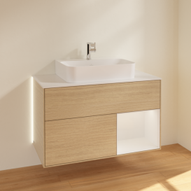 Тумба под раковину Villeroy & Boch Finion 100х50,1 см с подсветкой МДФ шпон дуба/белый глянцевый лак/стекло белое матовое G121GFPC