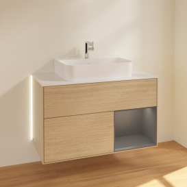 Тумба под раковину Villeroy & Boch Finion 100х50,1 см с подсветкой МДФ шпон дуба/антрацитовый матовый лак/стекло белое матовое G121GKPC