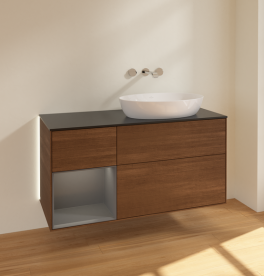 Тумба під раковину Villeroy & Boch Finion 120х50,1 см з підсвічуванням МДФ шпон волоського горіха/скло чорне матове GA42GKGN